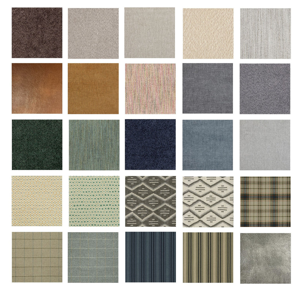 A grid of 25 fabric swatches in various colors, patterns, and textures, including solids, plaids, stripes, geometrics, and woven designs, arranged in five rows and five columns.