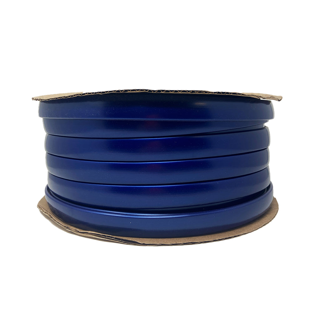 A large coil of the Airstream Premium Replacement Rub Rail for Travel Trailers, made from blue plastic tubing, is wound neatly and displayed on a circular cardboard base, viewed from the side against a white background.