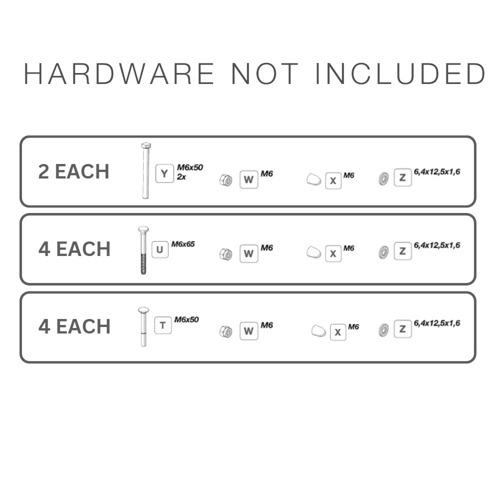 Here’s a revised sentence using your product data: Instructional image indicates HARDWARE NOT INCLUDED, and displays lists of required screws, washers, and fasteners—marked with symbols Y, U, T, W, X, Y, Z—with hardware sizes M6x50 and M6x65 (each needed in quantities of 2 or 4). This guide applies to installation of the Retro Fit Parts for Airstream Carry-Bikes by Fiamma® Bundle; always verify your specific bike rack’s weight capacity prior to installation.