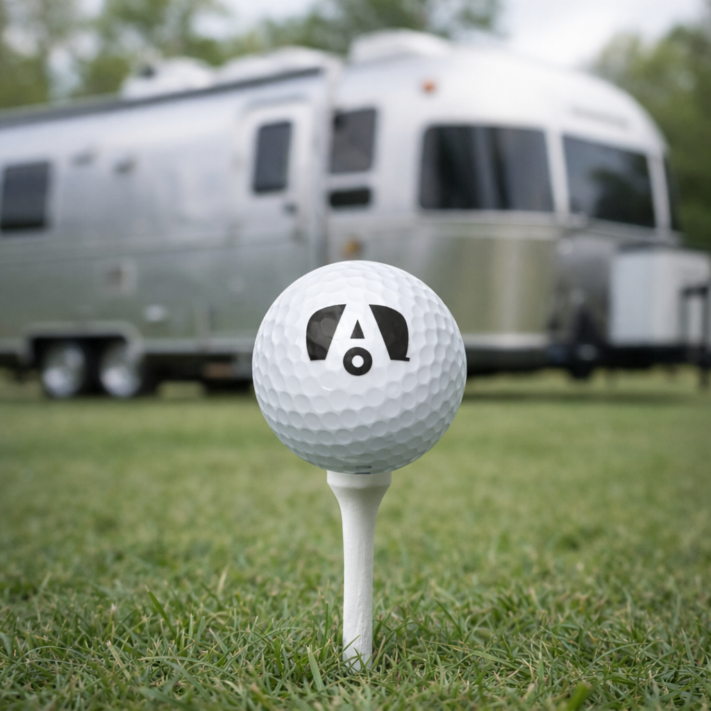 A close-up of an Airstream Golf Ball featuring a black logo sits on a tee amid green grass. In the blurred background, an iconic shiny silver Airstream trailer adds character, showcasing unique golf accessories perfect for enthusiasts.