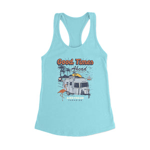 Light blue tank top with 'Good Times Ahead' and Airstream design on a white background