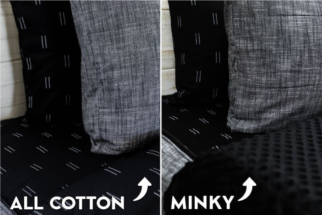 Split image comparison of two fabric types on the Airstream RV Fit Beddy’s for Pan America Travel Trailers—ideal for Airstream bedding or other RV bedding needs: the left side labeled ALL COTTON with a smooth texture, and the right side labeled MINKY featuring a plush, dotted texture. Both sides showcase gray and black patterned pillows to highlight the versatile zippered bedding options.