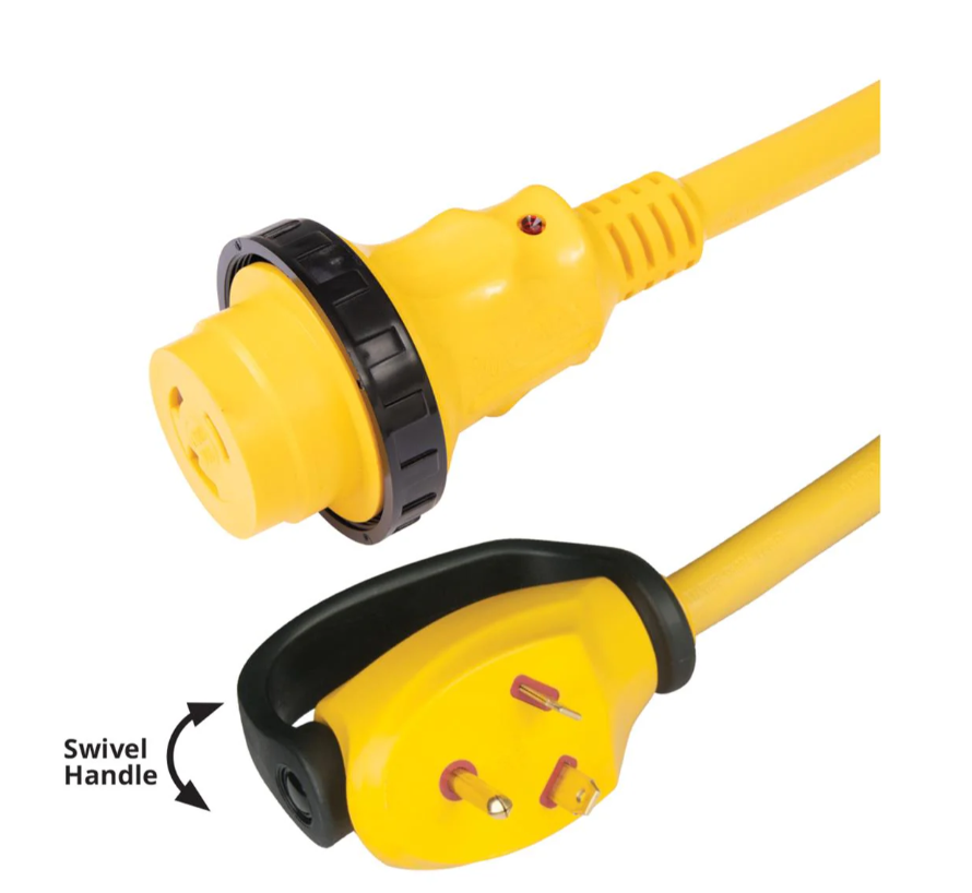 30 Amp Swivel 30 Ft. Cordset: This yellow heavy-duty marine-grade power cable features a black swivel handle with an arrow indicating its rotation, a locking ring, and a three-prong plug. Designed for outdoor or RV use, it’s ideal as an Airstream power cord.