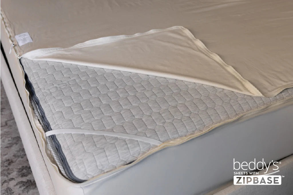 A close-up of a bed corner displaying the Airstream RV Fit Beddy’s ZipBase Sheets for Classic Travel Trailers, featuring a fitted quilted pad and a partially unzipped sheet that highlights the convenient zipper mechanism. Ideal for RV mattress sheets or zip sheet sets, the text reads: Beddy’s SHEETS WITH ZIPBASE.