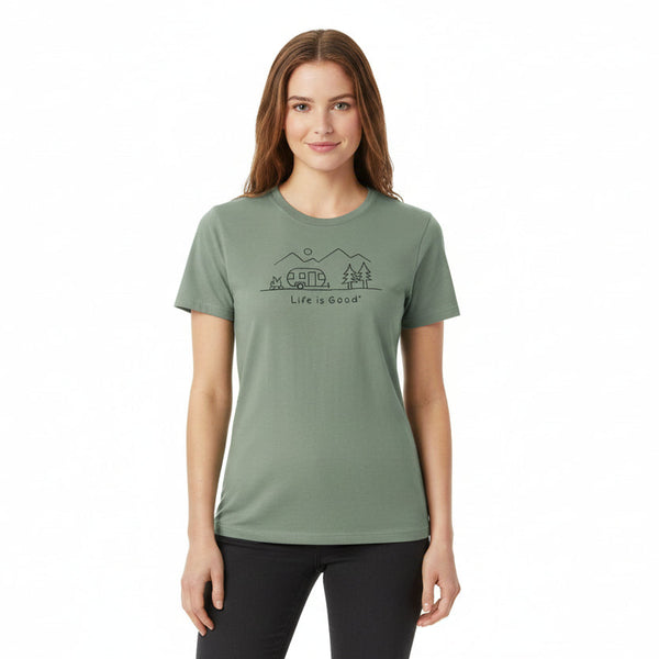 Green t-shirt with 'Life is Good' graphic design on a white background