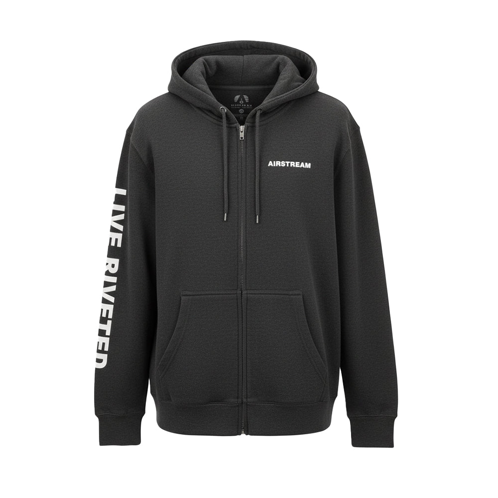 The Airstream Live Riveted Full Zip Hoodie is a black zip-up hoodie with “AIRSTREAM” printed on the left chest and “LIVE RIVETED” in bold white letters on the right sleeve. This rally hoodie features front pockets and drawstrings for added style and comfort.