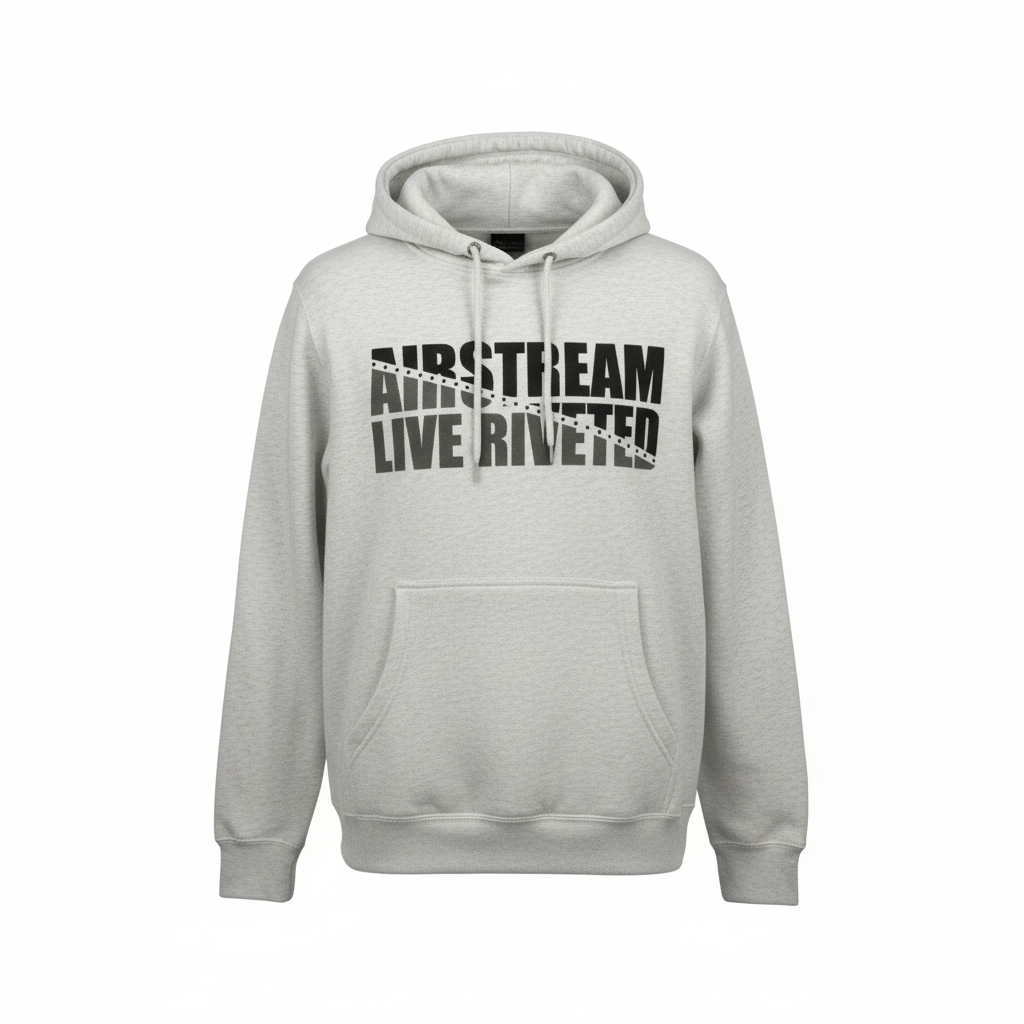 Light gray Airstream Rivet Line Hoodie featuring a front pocket and comfortable hood. Bold black text on the chest reads “AIRSTREAM LIVE RIVETED” in a modern, split design—ideal for adventure seekers and travel enthusiasts. Displayed against a plain white background.