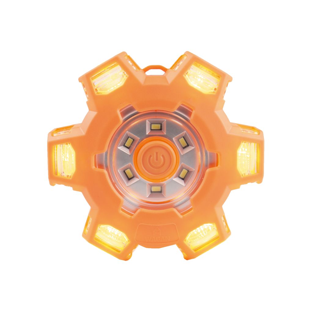 The FRED (Flashing Roadside Emergency Disk) Light Pro is a round, orange LED emergency light featuring six illuminated arms, a central power button, and a transparent cover; it’s battery powered and designed as a flashing safety disk to enhance roadside visibility.
