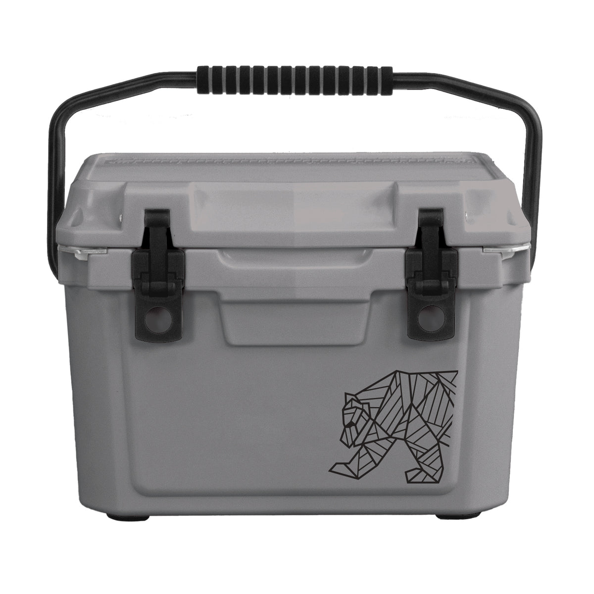 The Orso 25QT Icebox by KUMA is a gray portable cooler, ideal for Airstream enthusiasts, showcasing a striking black geometric bear graphic on the front. It features robust black latches and a ribbed-grip handle for easy carrying. This roto-molded icebox blends durability and style, making it the perfect companion for your next adventure.