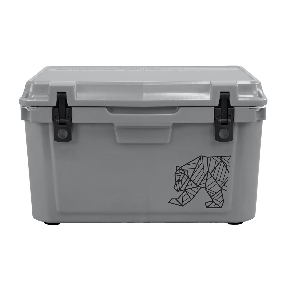 A gray plastic Orso 45QT Icebox by KUMA, featuring roto-molded construction, two black front clamps, and a geometric bear emblem on the lower right corner—an ideal companion for Airstream travelers looking for both durability and style.