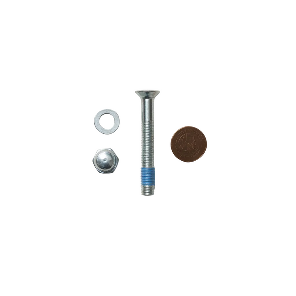 Metal screw with washer and nut on a white background