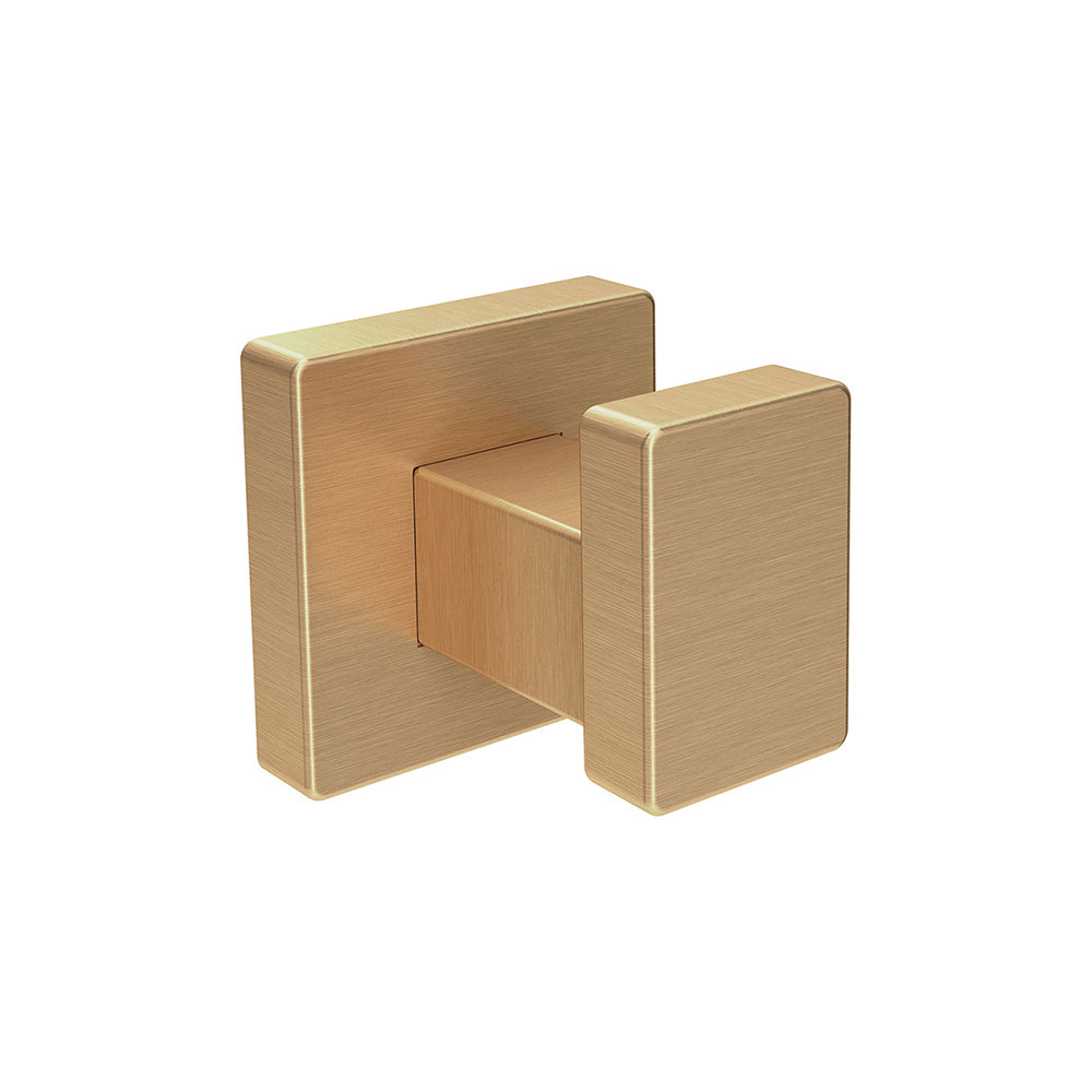 A square-shaped, gold-colored metal wall hook from the Airstream Robe Hook | Part # 382732 Series features a modern, minimalist design—ideal as a replacement interior hook or as an Airstream robe hook—shown against a white background.