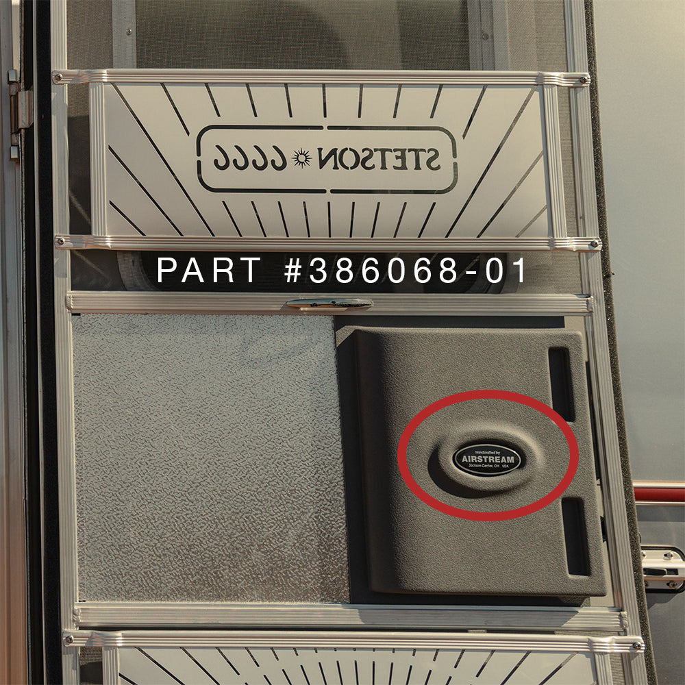 A close-up of an Airstream trailer door shows a black handle and highlights the genuine Airstream 3″ Medallion Logo for Main Door (Part #386068-01) with a red circle. The window above features the text STETSON CCC.