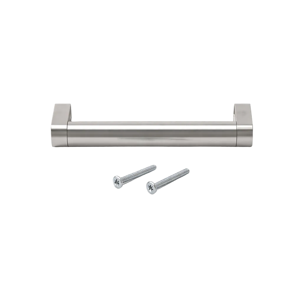 Stainless steel cabinet handle with two screws on a white background