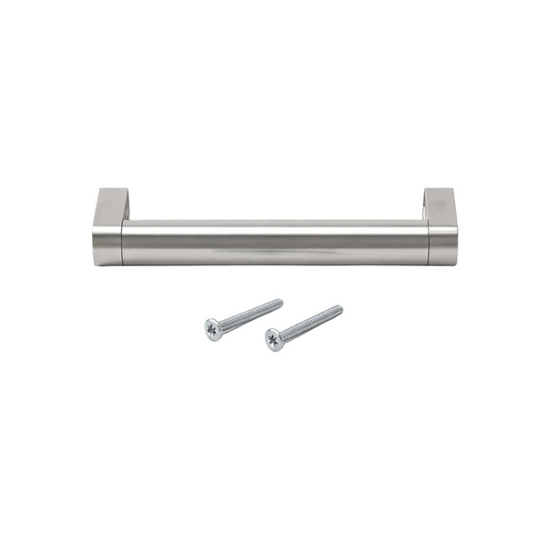 Stainless steel cabinet handle with two screws on a white background