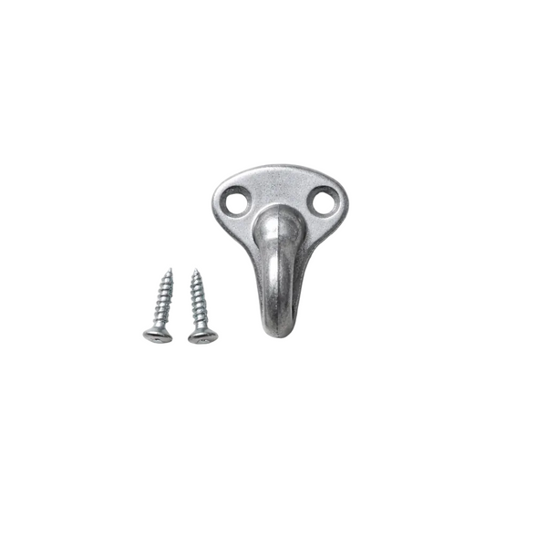 Metal wall hook with two screws on a white background
