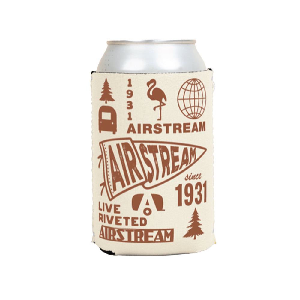 Keep your drink cold in style with the Airstream Rally Pennant Can Cooler—a silver can cooler wrapped in a beige insulated neoprene sleeve, decorated with brown graphics featuring Airstream motifs like a flamingo, globe, trees, vintage trailer, and “since 1931” text. Celebrate your love for adventure and the iconic Airstream brand with this eye-catching accessory.