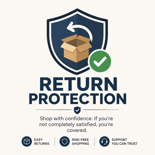 A shield with an open box and checkmark appears above the words Free Return Shipping. Icons below emphasize easy returns, risk-free shopping, and dependable support. The text reassures coverage if you’re not satisfied.
