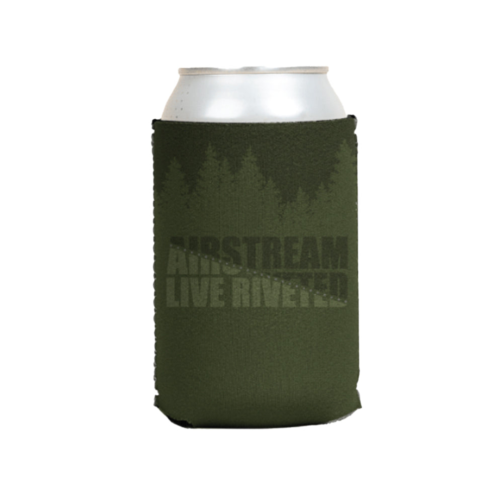 A must-have for your camping accessories collection, the Airstream Rivet Line Can Cooler wraps your silver can in dark green and features a striking forest silhouette with the phrase “Airstream Live Riveted” printed on it.