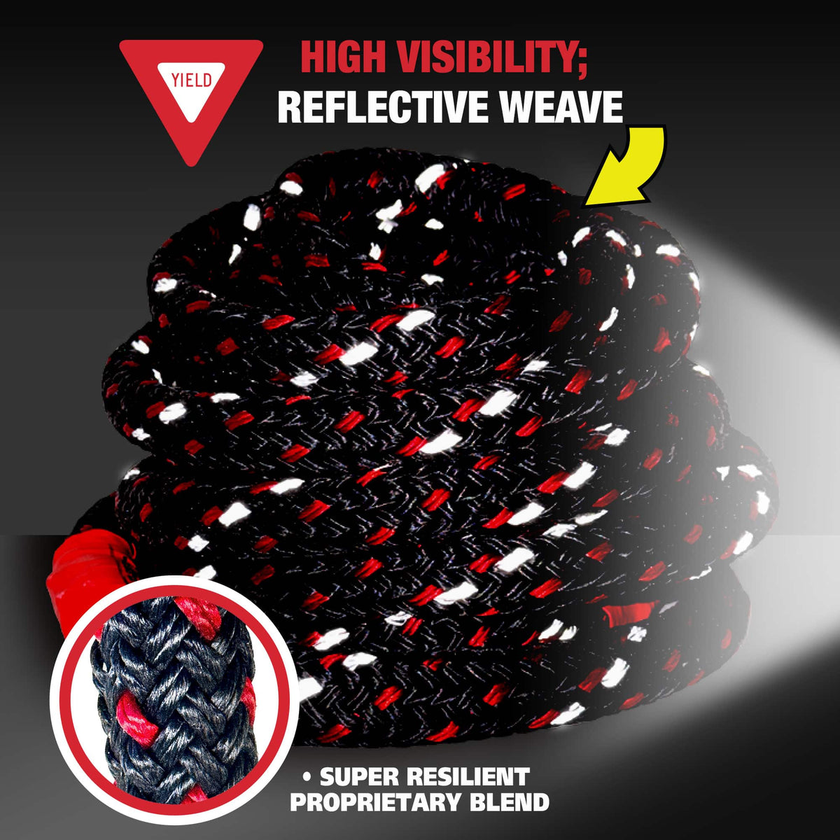 Close-up of a coiled black Rock Tamers Recovery Rope Kit, featuring high-visibility red and white reflective strands, a yield sign, the text HIGH VISIBILITY; REFLECTIVE WEAVE, and a label stating SUPER RESILIENT PROPRIETARY BLEND—ideal for your next off-road recovery or as part of any recovery rope kit.