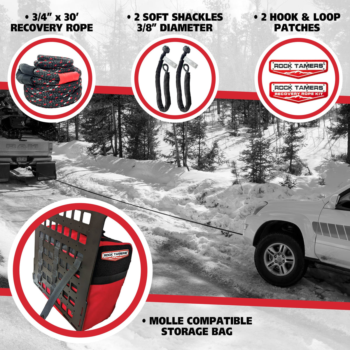 The Rock Tamers Recovery Rope Kit, featuring high-visibility components, includes shackles, a storage bag, and hook & loop patches. Demonstrated pulling a white SUV from snow, the kit is ideal for off-road recovery situations, with its key features and product details emphasized in red circles.