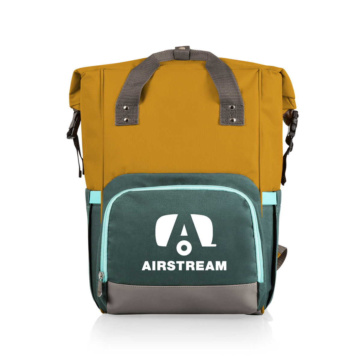 The Airstream On the Go Roll-Top Cooler Pack is a yellow and teal backpack cooler with gray straps and a front pocket, featuring the white AIRSTREAM logo, photographed on a white background.