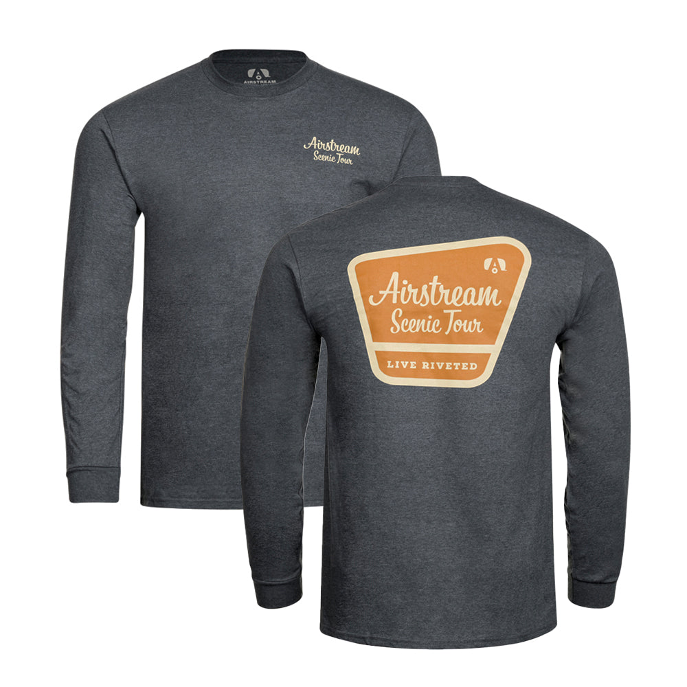 Featured here are two Airstream Scenic Tour Long Sleeve T-Shirts in dark gray. The front left chest is printed with “Airstream Scenic Tour,” and the back displays a large tan and orange Airstream Scenic Tour logo along with the words “Live Riveted”—ideal for those inspired by adventure.