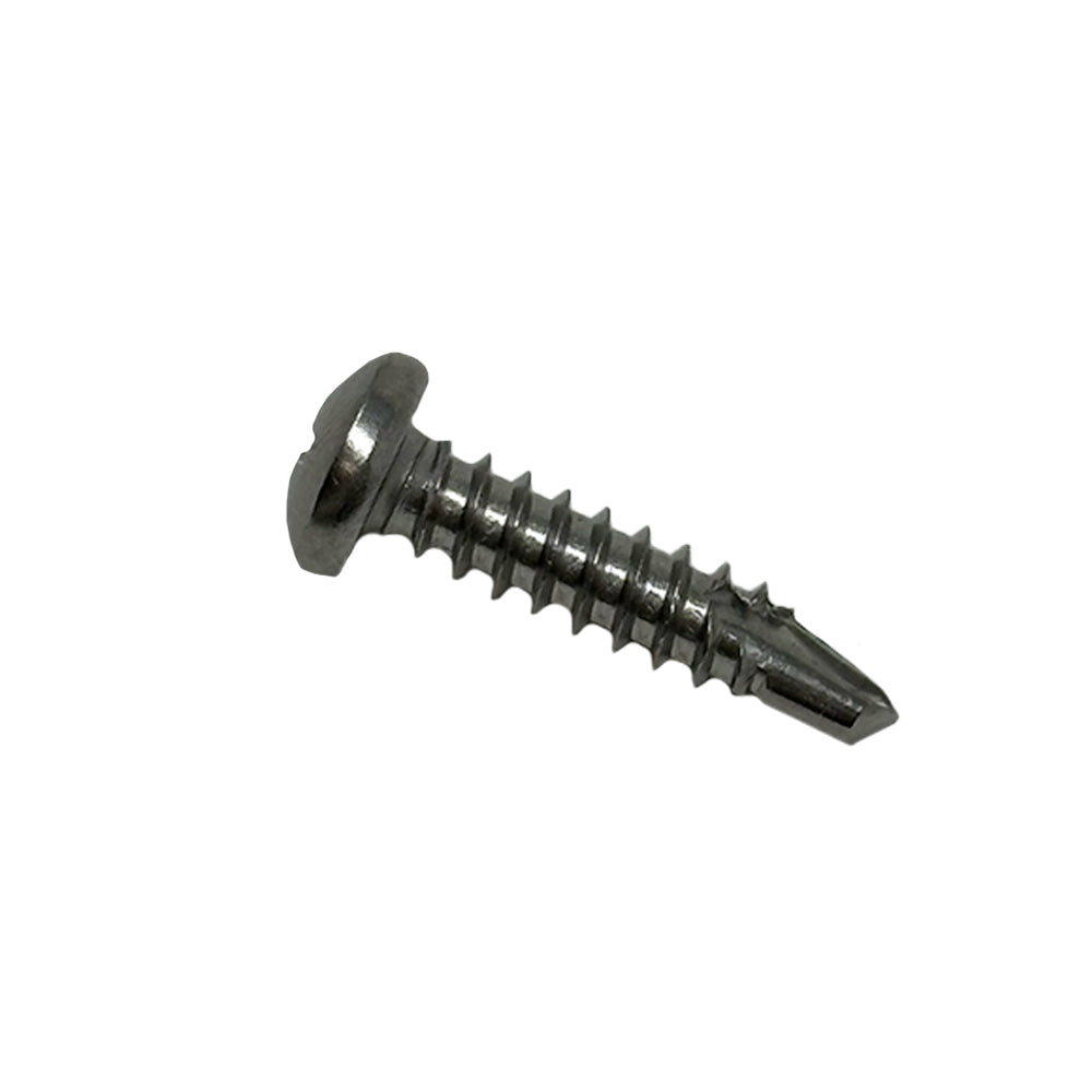 A close-up image of a single screw from the Airstream Ceiling Air Vent Screw Bundle, featuring a stainless steel panhead with a round head and pointed, threaded body, placed on a white background.