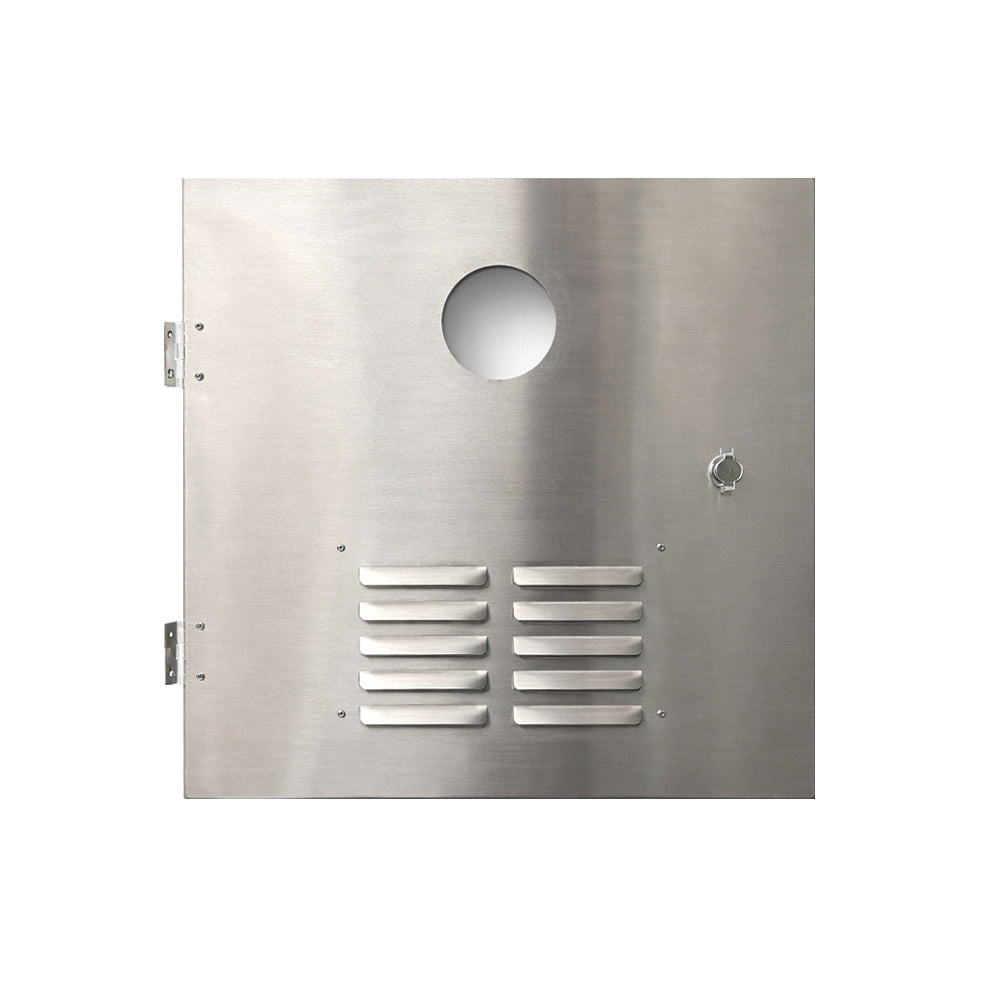 Stainless Steel Upgrade: Girard Tankless Water Heater Door – features a square stainless steel panel with a round hole near the top center, a small circular opening to the right, and horizontal vent slats near the bottom, shown on a plain white background; commonly used as a tankless water heater door for an Airstream travel trailer.