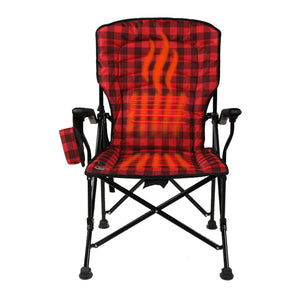 The Switchback Bluetooth Heated Chair by KUMA is a red and black plaid folding camp chair featuring orange glowing lines on the seat and back that highlight its innovative DuoHeat System with built-in heating elements. This Bluetooth-enabled heated chair keeps you warm and comfortable wherever your adventures take you.