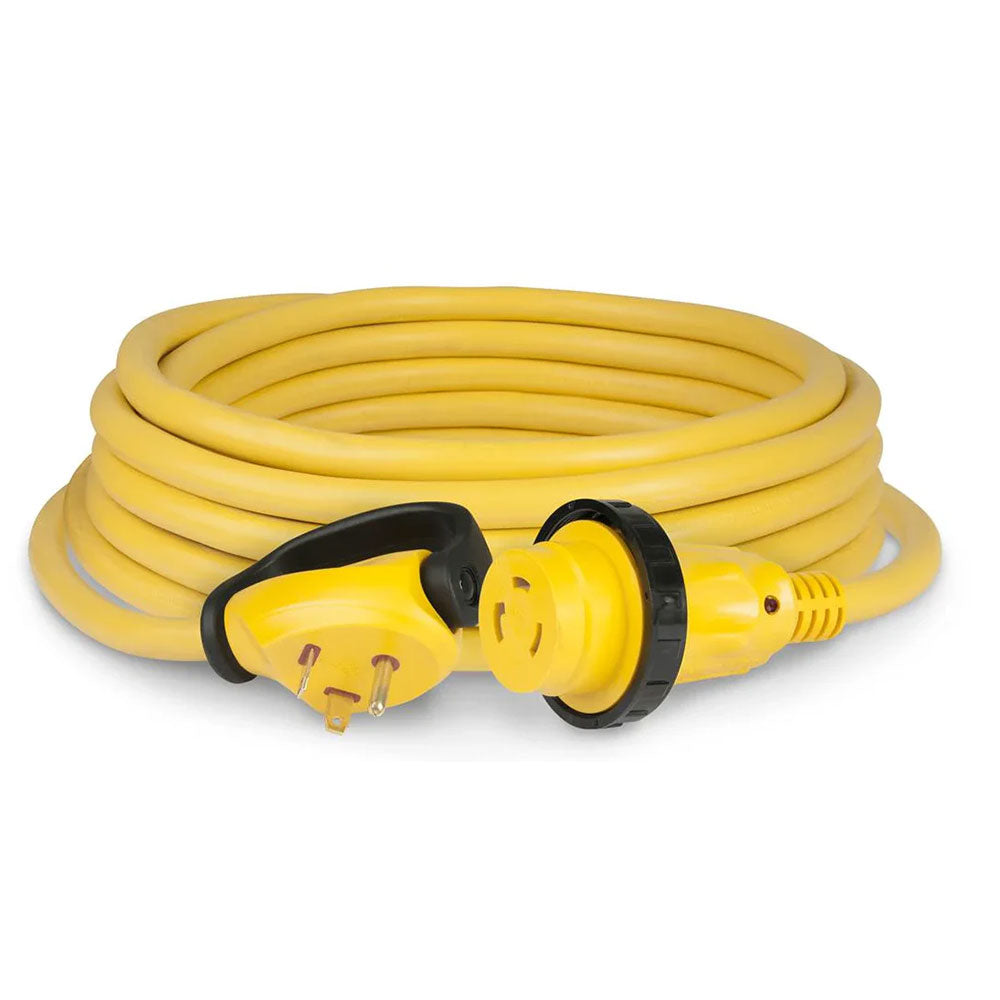 A 30 Amp Swivel 30 Ft. Cordset, featuring a coiled yellow heavy-duty design with a three-prong plug on one end and a locking connector on the other—both equipped with black grip features—is shown against a white background.