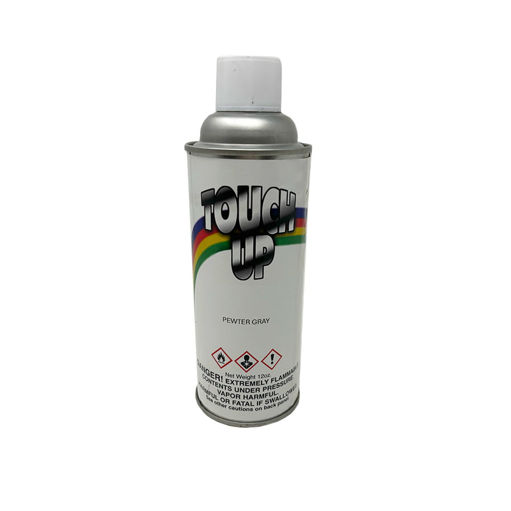 A can labeled TOUCH UP in rainbow letters with Pewter Gray below, hazard symbols, and a warning about flammability and contents under pressure—perfect as Airstream Touch Up Spray Paint (Part #360260-100, 28174W) for minor repairs to your Airstream parts.