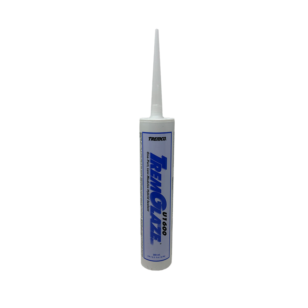 A tube of Airstream Tremco U1600 TremGlaze (Part #360002) weather-resistant sealant with a pointed nozzle, standing upright on a white background.