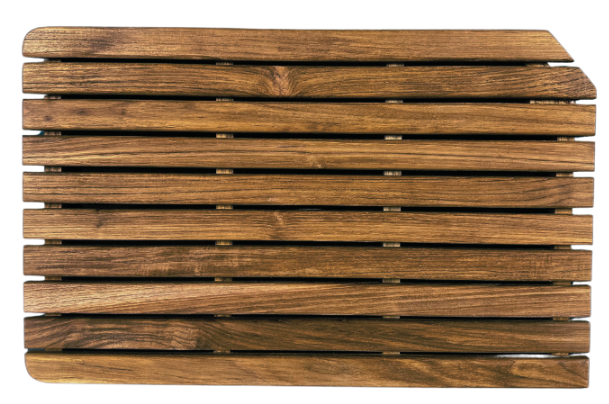 The Airstream Teak Shower Mats for Basecamp, featuring a rectangular design with evenly spaced teak slats and a subtly rounded upper right corner, make an ideal custom shower mat for your Airstream, shown isolated on a white background.