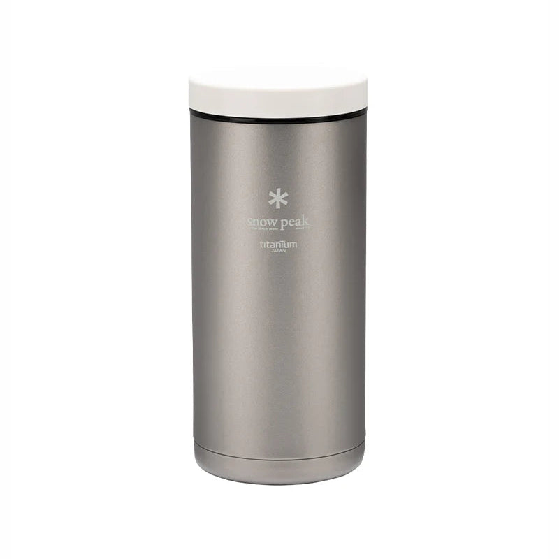 A Snow Peak Titanium 350 Kanpai Bottle with a white lid stands upright on a plain white background, showcasing ultralight durability and vacuum-sealed insulation to keep your beverages at the ideal temperature.