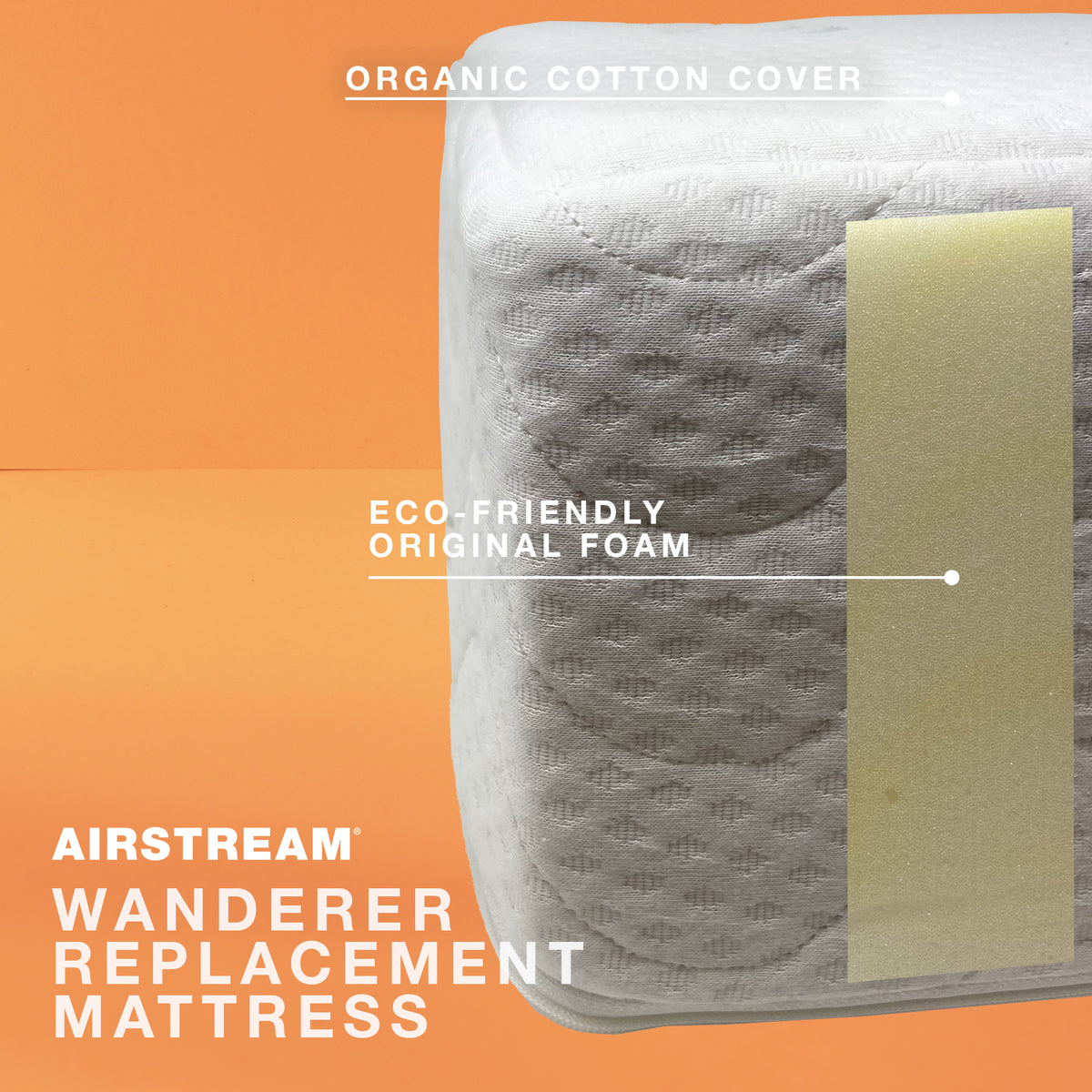 Close-up of a white mattress with a textured surface, labeled Organic Cotton Cover and Eco-Friendly Original Foam. Text at the bottom reads: Airstream Replacement Mattress for Flying Cloud Travel Trailers on an orange background, highlighting this custom-made mattress as the perfect replacement for your Airstream.