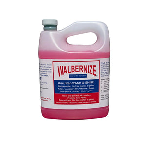 Gallon bottle of Walbernize one-step wash and shine product on a white background
