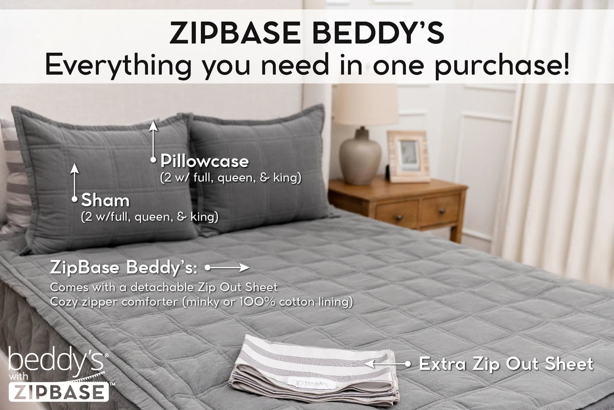 A neatly made bed features the Airstream RV Fit Beddy’s for Excella Travel Trailers—a gray quilted, all-in-one ZipBase comforter set with two pillows, two shams, and an extra zip-out sheet designed specifically for RV mattress sheets—situated in a cozy bedroom setting.
